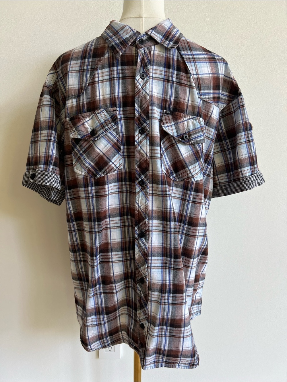 Men’s Y2K Brown Plaid Western Shirt Grunge Rockabilly 100% Cotton Pickets Sz XL